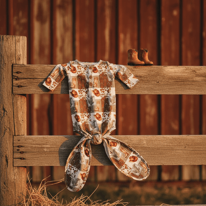 Baby romper with hats and cacti pattern on a wooden fence against a barn background