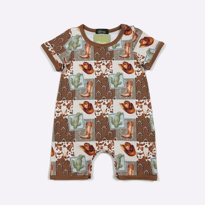 Children's romper with cowboy print on a white background
