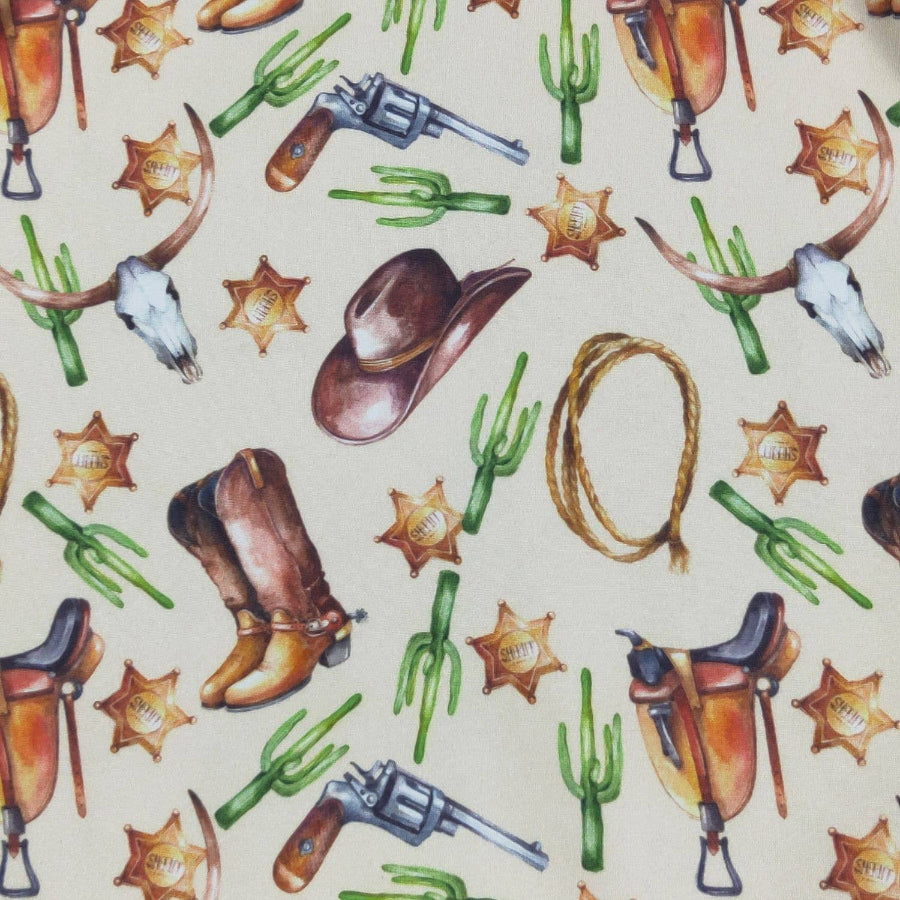 Pattern of cowboy-themed items including boots, hats, revolvers, and lassos on a beige background.