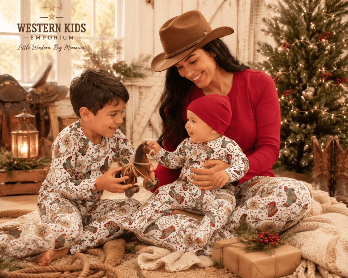 A family of three wearing matching Western-themed holiday pajamas sits together on a rug in a cozy decorated living room. The set includes a boy, a woman wearing a brown cowboy hat, and a baby.