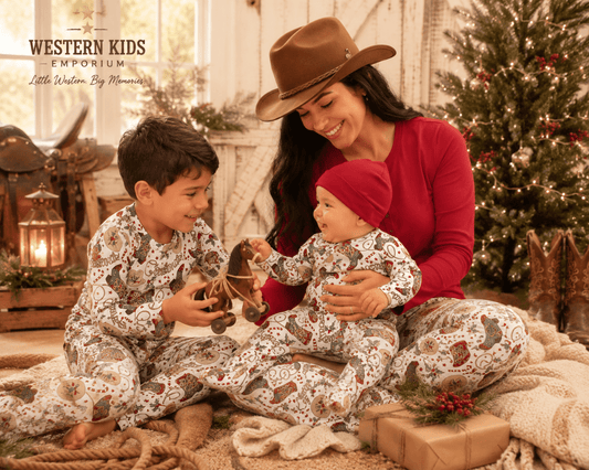 A family of three wearing matching Western-themed holiday pajamas sits together on a rug in a cozy decorated living room. The set includes a boy, a woman wearing a brown cowboy hat, and a baby.