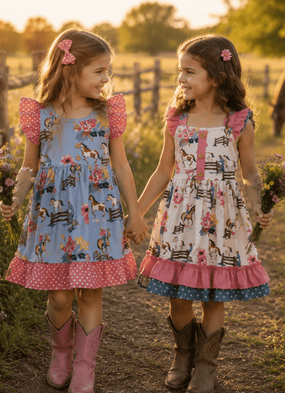 Cowgirl Horse & Floral Print Dress with Ruffle Sleeves