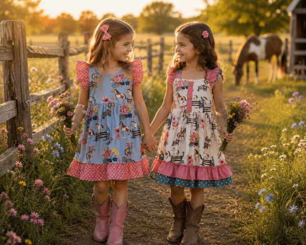 Cowgirl Horse & Floral Print Dress with Ruffle Sleeves