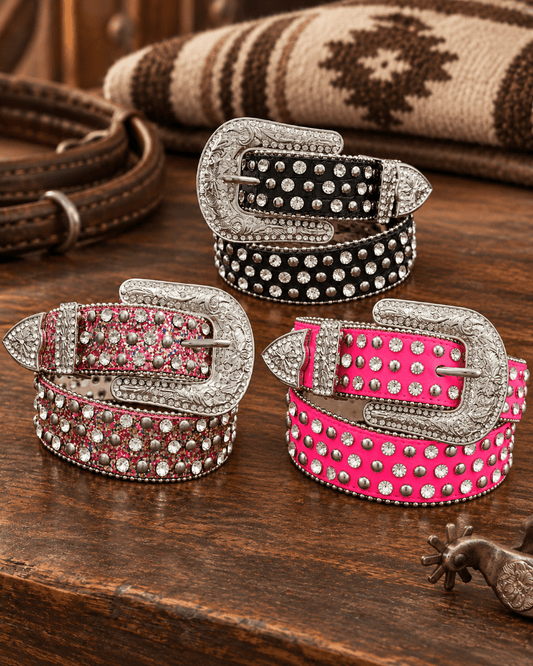 Three western-style studded belts displayed on a rustic wooden table, with a brown leather belt coil and a patterned blanket in the background. The belts feature silver-toned western buckles and are embellished with silver rhinestones in one pink version, silver studs in one black version, and a combination of both in one magenta version.