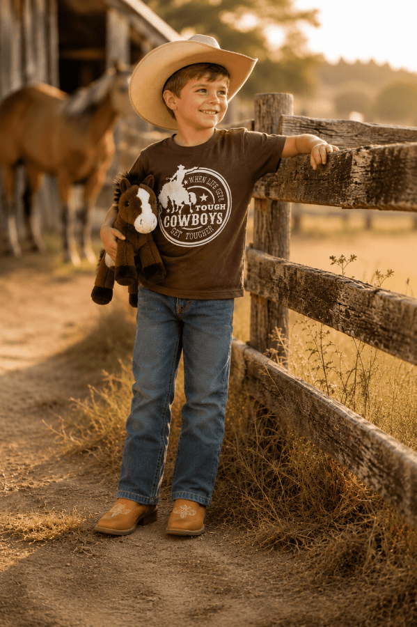 A young boy wearing a cowboy hat, brown graphic t-shirt, blue jeans, and boots stands on a dirt path next to a wooden fence at a sunny outdoor ranch, holding a stuffed animal.