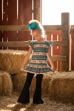 Wild Horses Boutique Western Outfit Set - Turquoise Aztec Tunic Top & Black Flare Pants