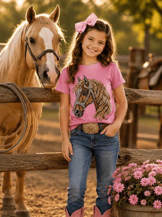 Young girl in pink shirt with horse graphic standing next to a horse in a fenced area with flowers.