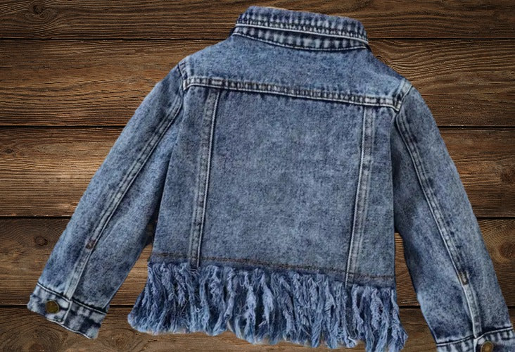 Back view of acid-wash style version of Little Wrangler Raw Hem Denim Jacket for kids