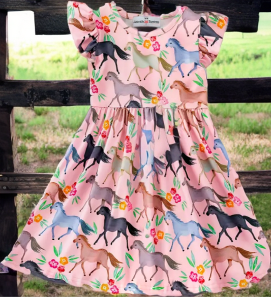 Floral Pony Print Dress with Frilly Sleeves image 0