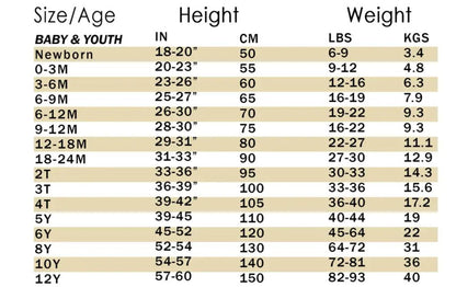 Size chart for Annie Oakley baby western outfit