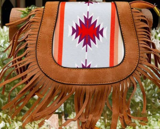 Kids Aztec crossbody fringe purse in brown with red print
