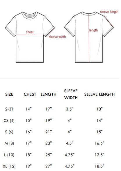 Kids Aztec western shirt size chart with chest, length, and sleeve measurements.