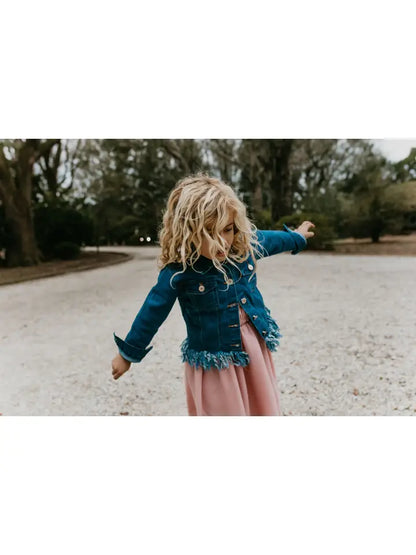 Girls Dark Denim Fringe Delight Jacket - Outerwear image 1