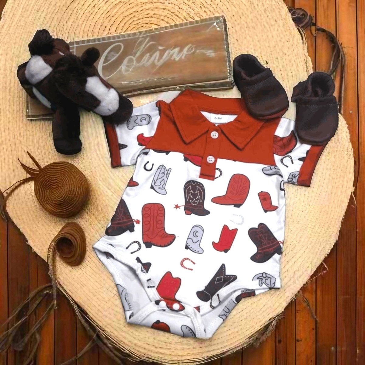 Baby boot print onesie with orange collar and matching shoes