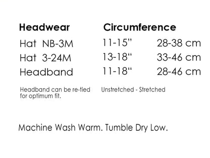 Sizing and care chart for baby cotton cowboy hat
