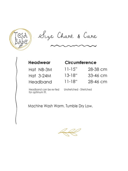 Size and care chart for baby cotton headbands