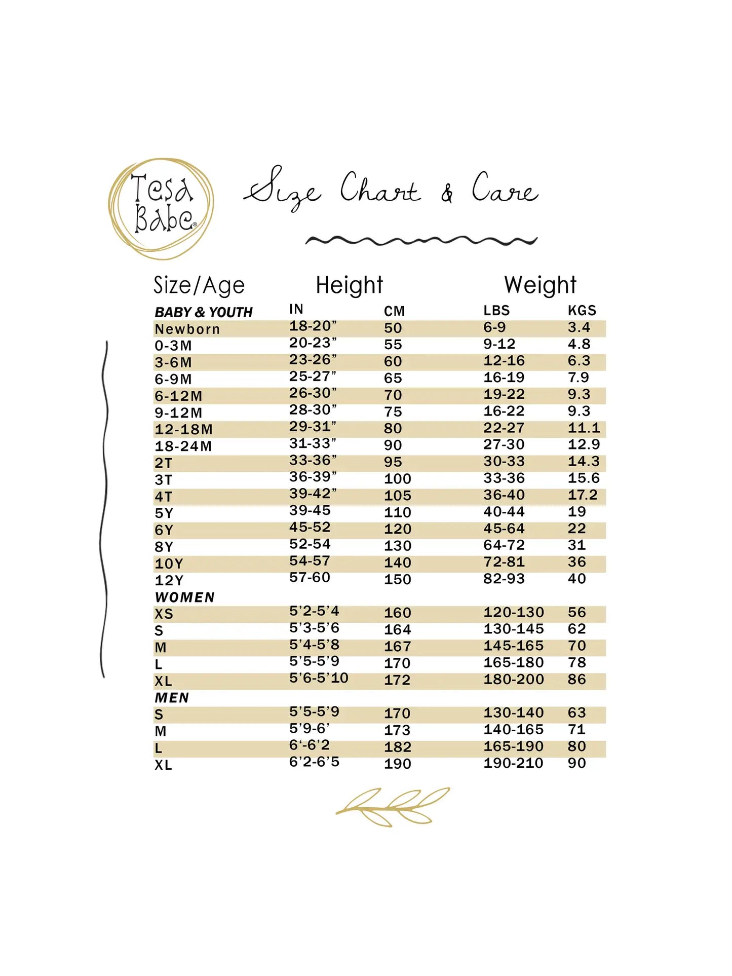 Size chart for Annie Oakley bamboo baby romper