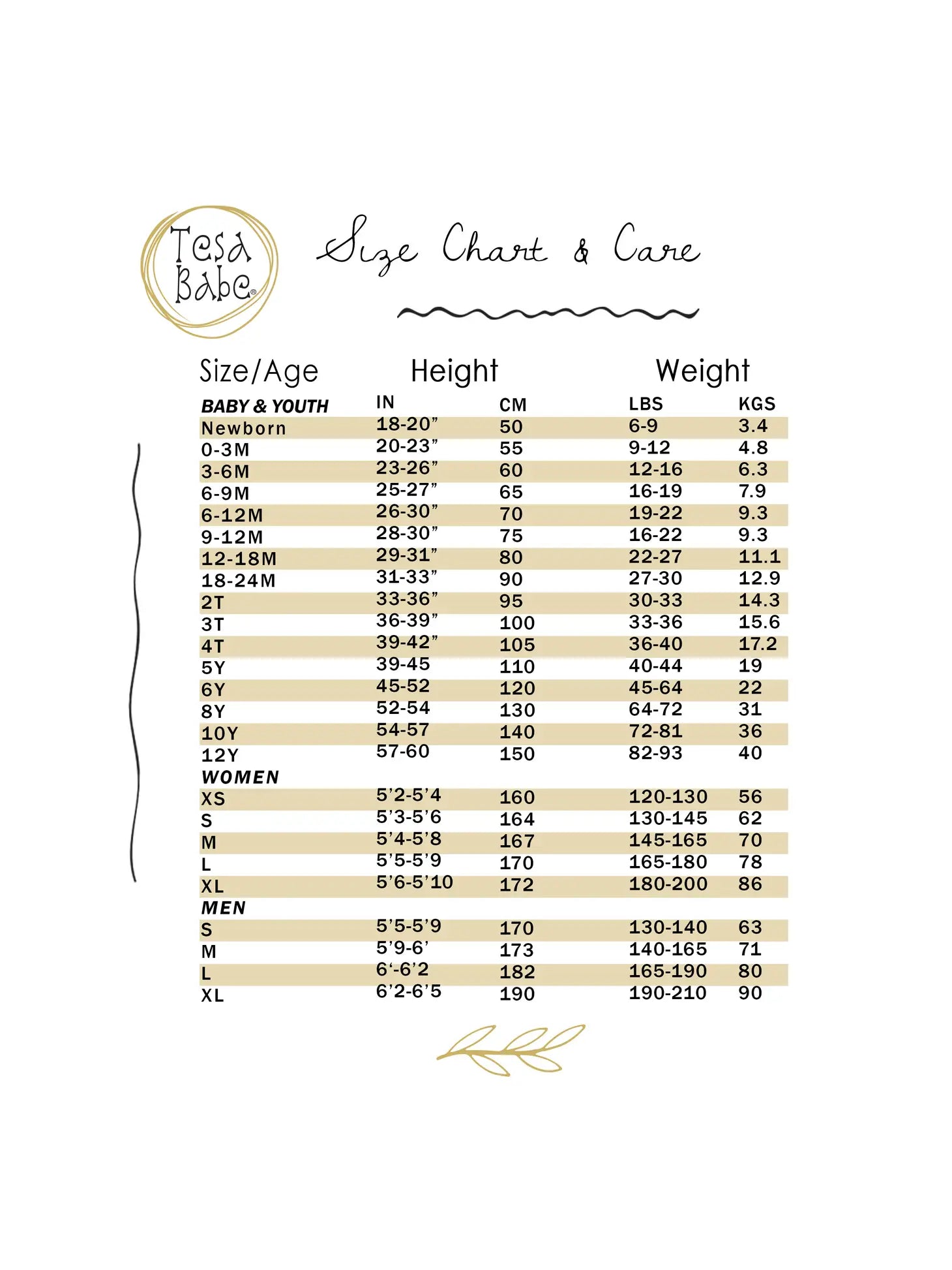 Size chart for Annie Oakley bamboo baby romper