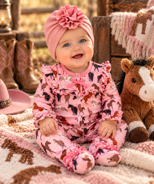 Girls Pink Horse Ruffle Footed Romper
