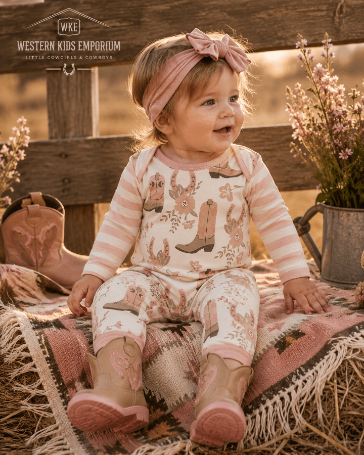 A toddler girl wearing a pink and cream striped long-sleeve romper with cowboy boot prints, matching pants, a pink bow headband, and pink boots, sitting on a patterned blanket in a rustic outdoor setting.