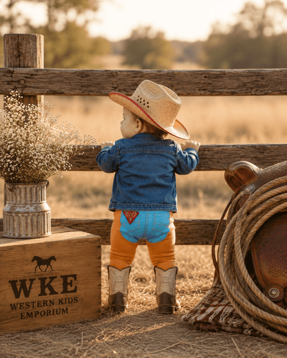 A toddler stands in front of a rustic wooden fence in a cowboy hat, blue denim jacket, orange pants, and cowboy boots, with a western-themed backdrop including a rope, wooden crate, and dried flowers.