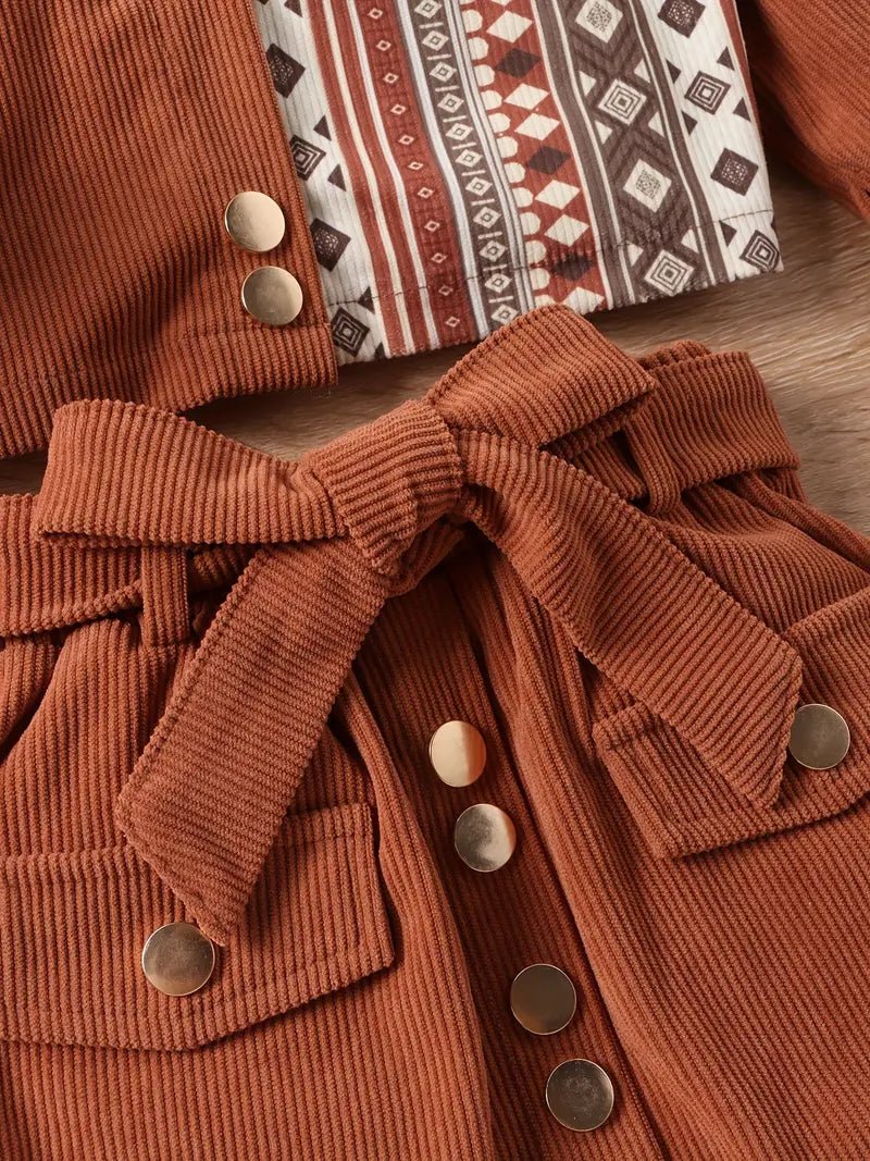 Matching coffee corduroy belted skirt for girls