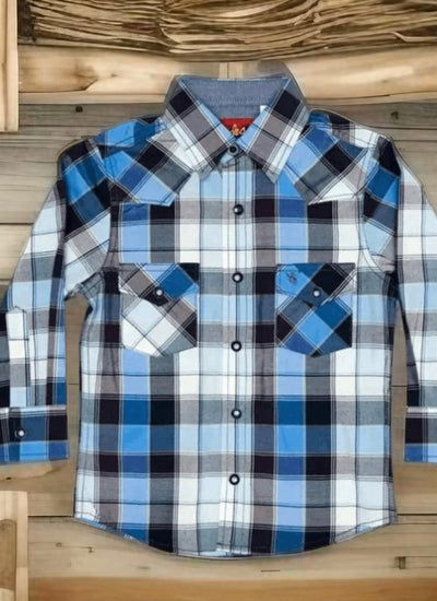 Tiny Wrangler's Blue Rodeo Ready Long-Sleeved Plaid Snap Shirt - Boys Western Wear Toddler Cowboy Plaid Shirt