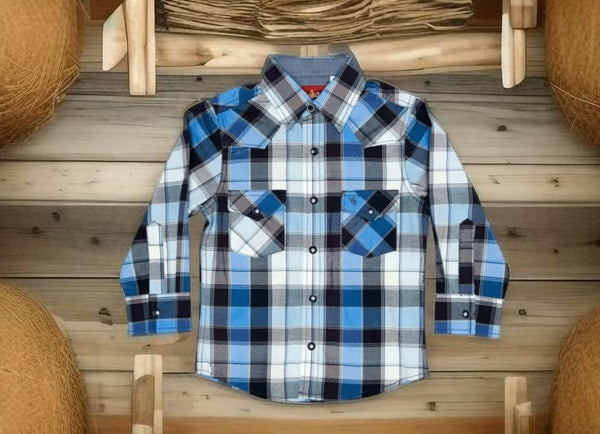 Tiny Wrangler's Blue Rodeo Ready Long-Sleeved Plaid Snap Shirt - Boys Western Wear Toddler Cowboy Plaid Shirt