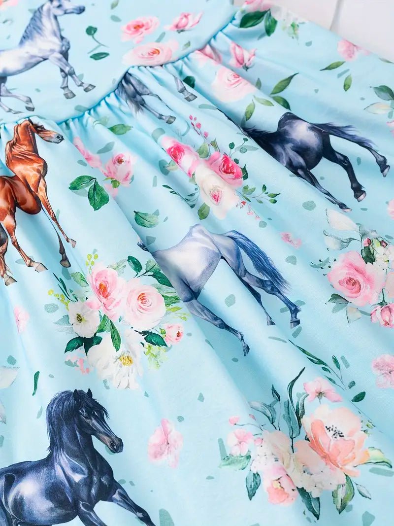 Blue pony print dress with gathered waist and western flair