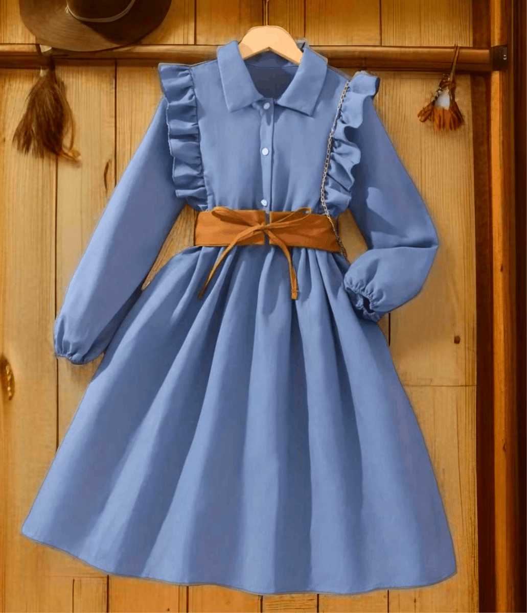 Blue ruffle toddler dress with brown sash bow