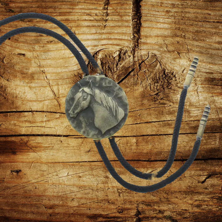 "Galloping Spirit" Horse Bolo Tie – Black Cord with Brass Tips image 0