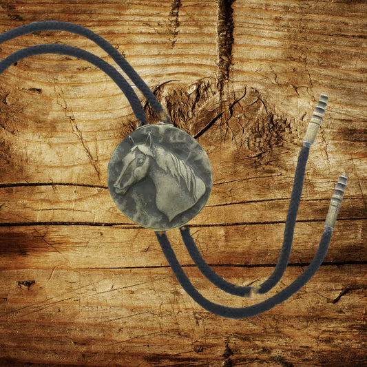 "Galloping Spirit" Horse Bolo Tie – Black Cord with Brass Tips image 0