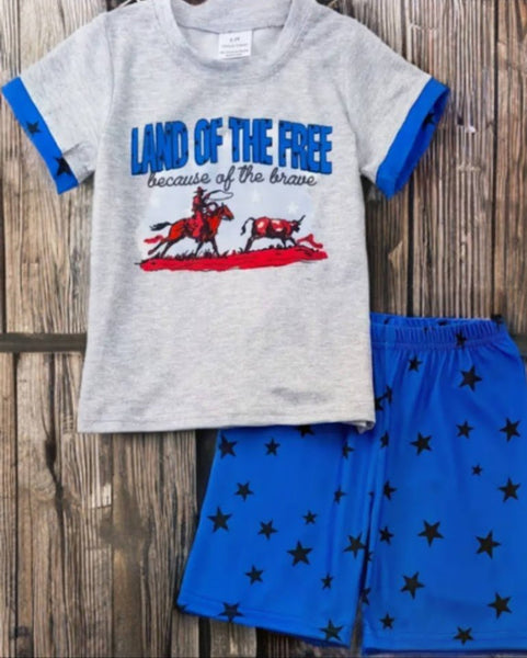 Land of the Free Cowboy Graphic Boys' 2-Piece Shorts Set - Kids Cowboy Clothing Western Outfit