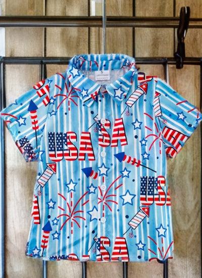 Patriotic Kids Star-Spangled Style USA Flag Button-Up Shirt - Fourth of July Clothing