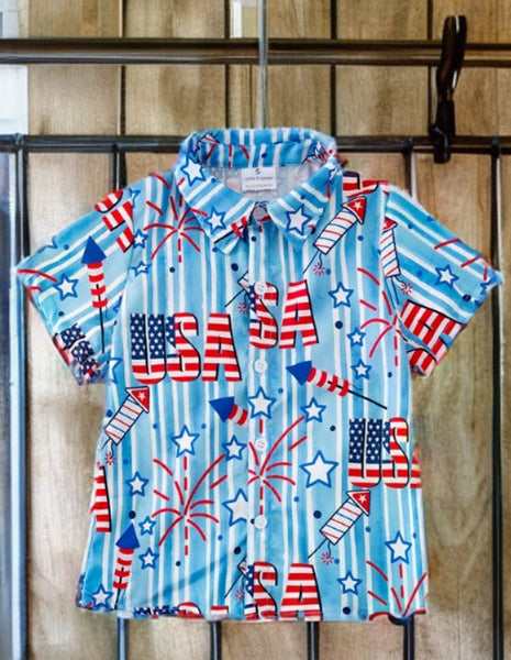 Patriotic Kids Star-Spangled Style USA Flag Button-Up Shirt - Fourth of July Clothing