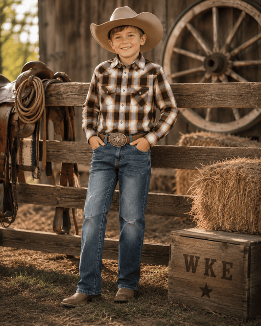 A young boy wearing a brown and beige plaid western shirt, blue jeans, a cowboy hat, and boots stands in front of a rustic wooden fence with a wagon wheel and hay bale in the background.