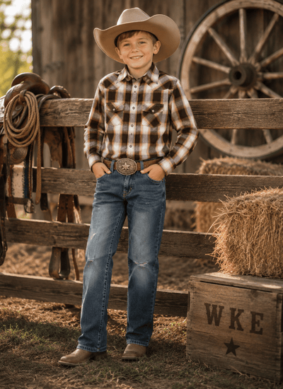 Tiny Wrangler's Brown Rodeo Ready Long-Sleeved Plaid Snap Shirt - Toddler Cowboy Shirt for Kids Western Wear