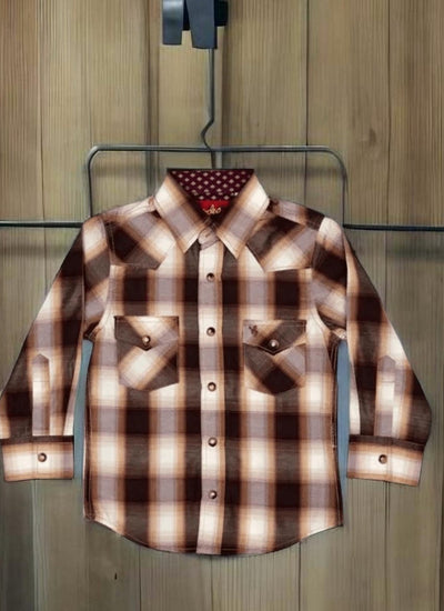 Tiny Wrangler's Brown Rodeo Ready Long-Sleeved Plaid Snap Shirt - Toddler Cowboy Shirt for Kids Western Wear