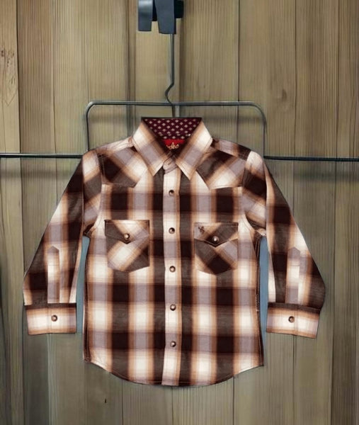 Tiny Wrangler's Brown Rodeo Ready Long-Sleeved Plaid Snap Shirt - Toddler Cowboy Shirt for Kids Western Wear