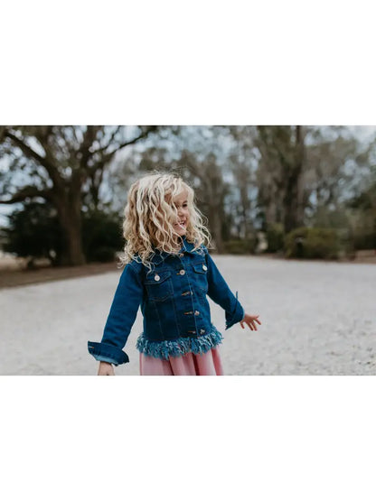 Girls Dark Denim Fringe Delight Jacket - Outerwear image 0