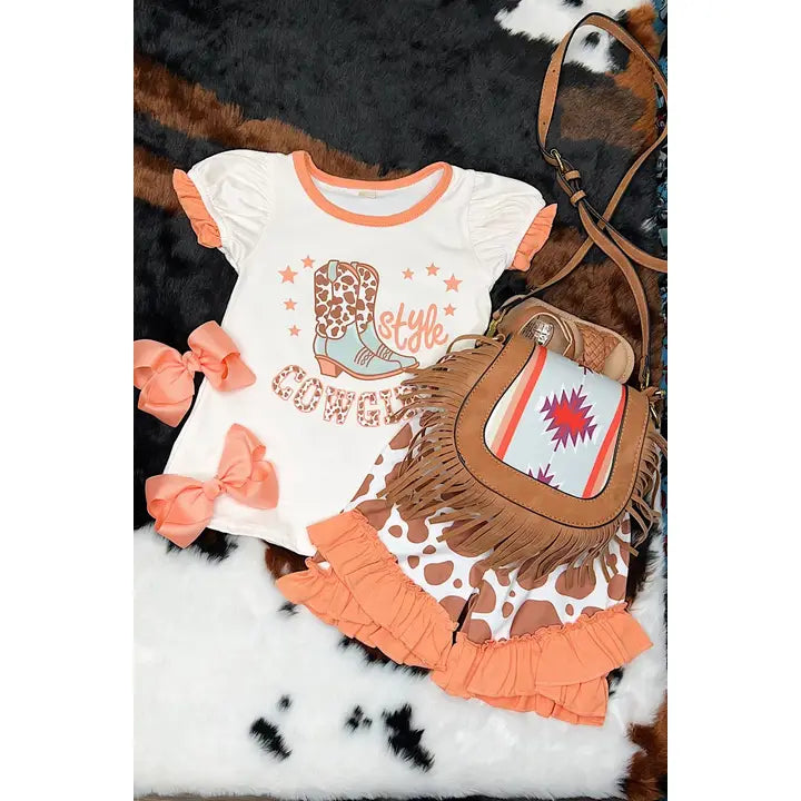 Little Cowgirl Style Set with Cow Print Shorts image 0