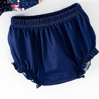 Close-up of the navy bloomers with an elastic waistband and gathered leg openings.