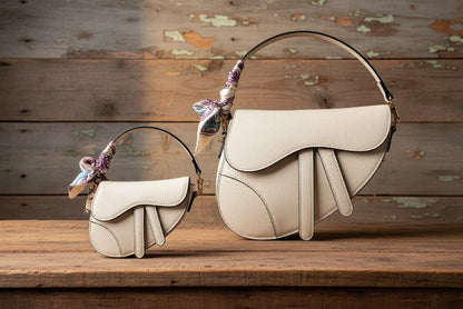 Two cream-colored handbags with floral accents on a barn background