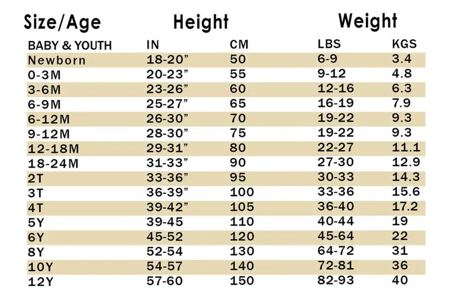 Size chart for cowboy zipper romper