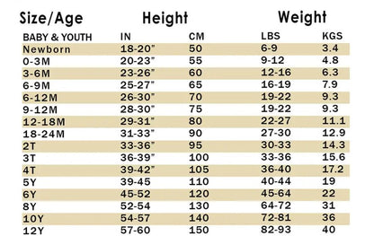 Size chart for cowboy zipper romper