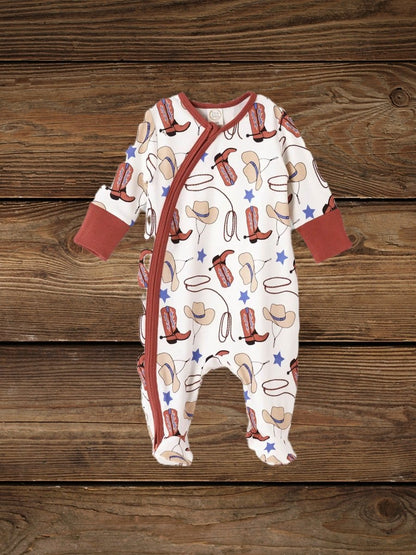 Bamboo baby romper with western theme folded flat