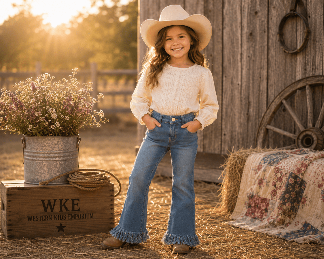 A young girl wearing a cream ribbed long-sleeve top, blue frayed-flare jeans, and a beige cowboy hat stands in a rustic barn setting with hay, a patchwork quilt, and a wooden crate.