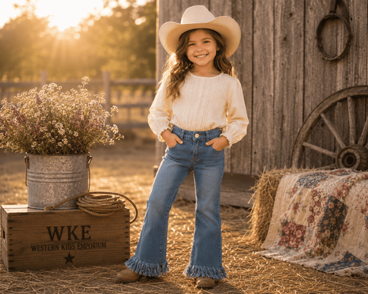 A young girl wearing a cream ribbed long-sleeve top, blue frayed-flare jeans, and a beige cowboy hat stands in a rustic barn setting with hay, a patchwork quilt, and a wooden crate.
