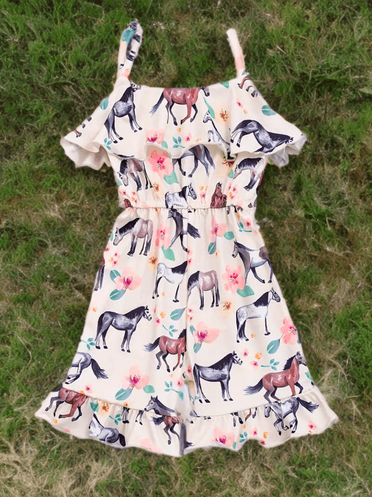 Lil' Cowpoke Horse & Blossom Ruffle Jumpsuit – Western Kids Style image 0