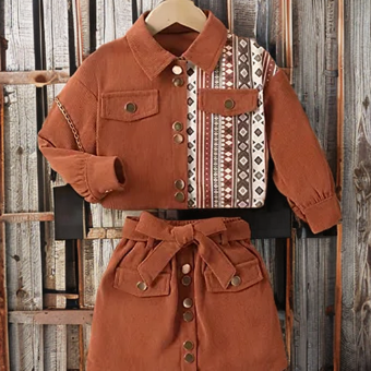 Cowgirl's Boho Coffee Corduroy Jacket & Belted Skirt Set image 0